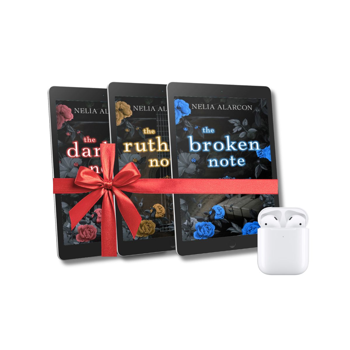 Three books by Nelia Alarcon tied with a red ribbon and a white airpods case on a white background